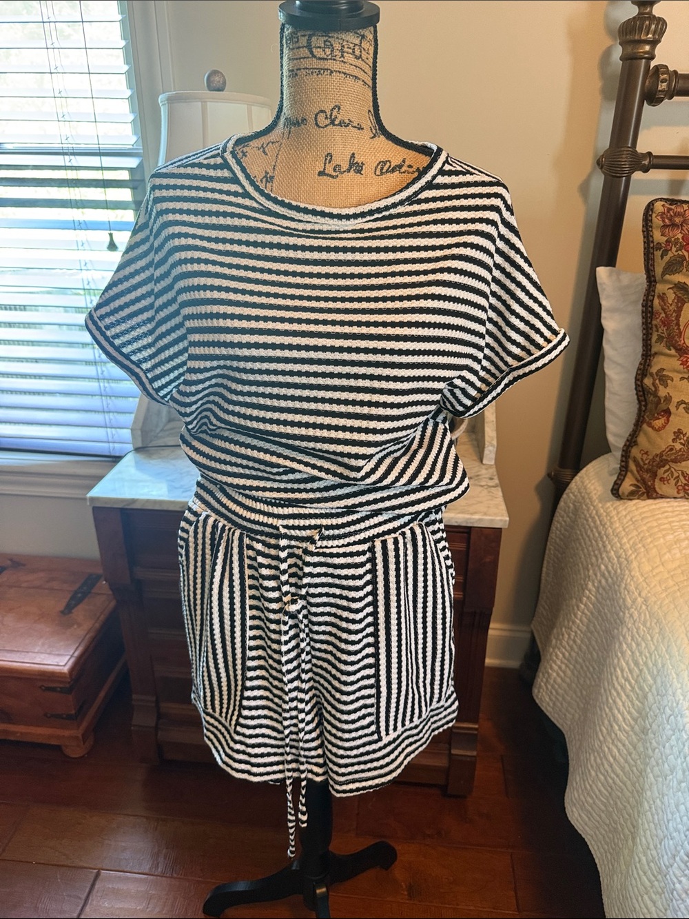 Striped Black and White Short Sleeve Knit top with matching pull on shorts